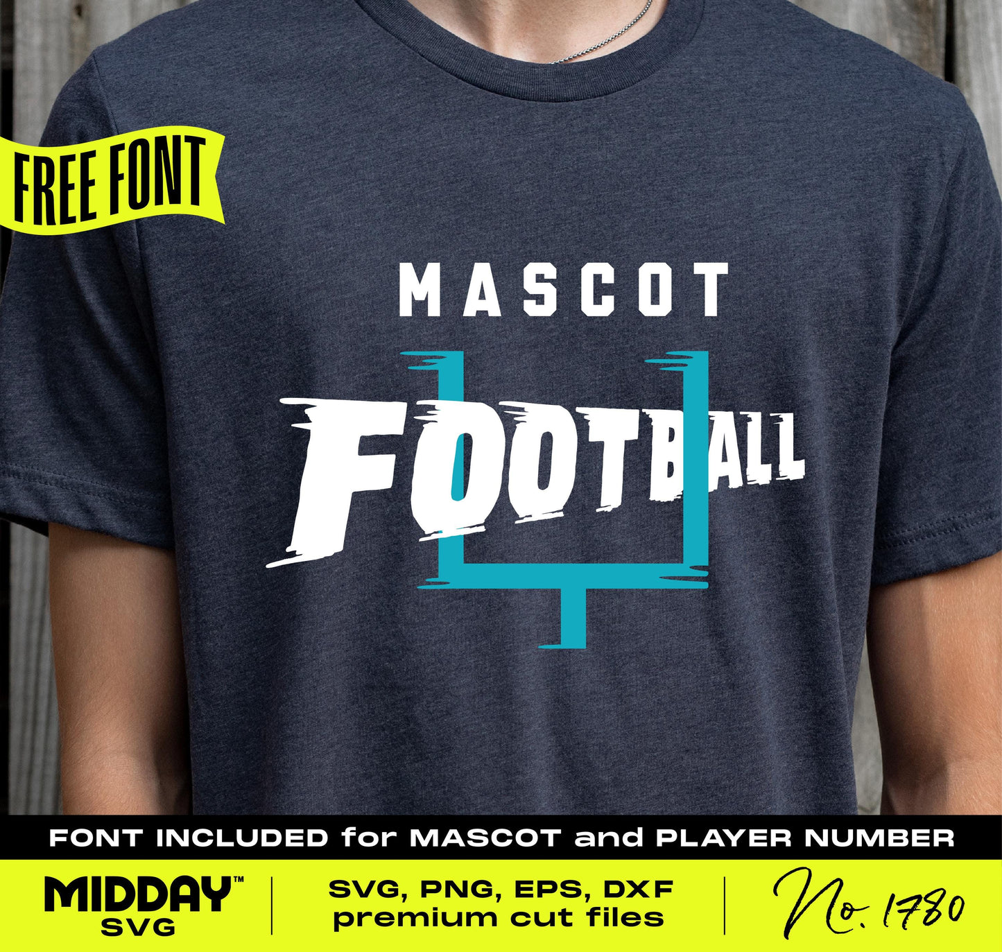 Customizable football team shirt with bold 'Mascot Football' SVG design, includes free font for mascot and player numbers, digital download.