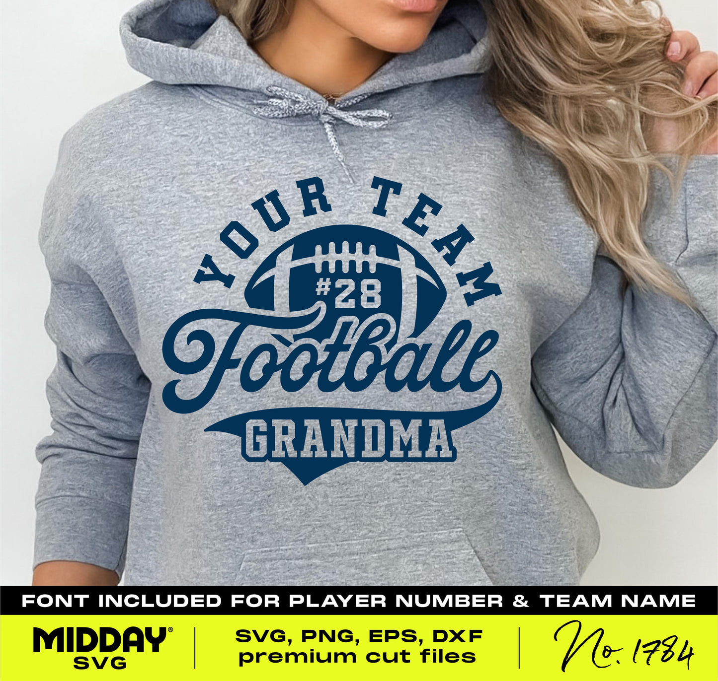 Football Grandma shirt design for Cricut with customizable team name and player number, includes SVG, PNG, EPS, DXF formats.