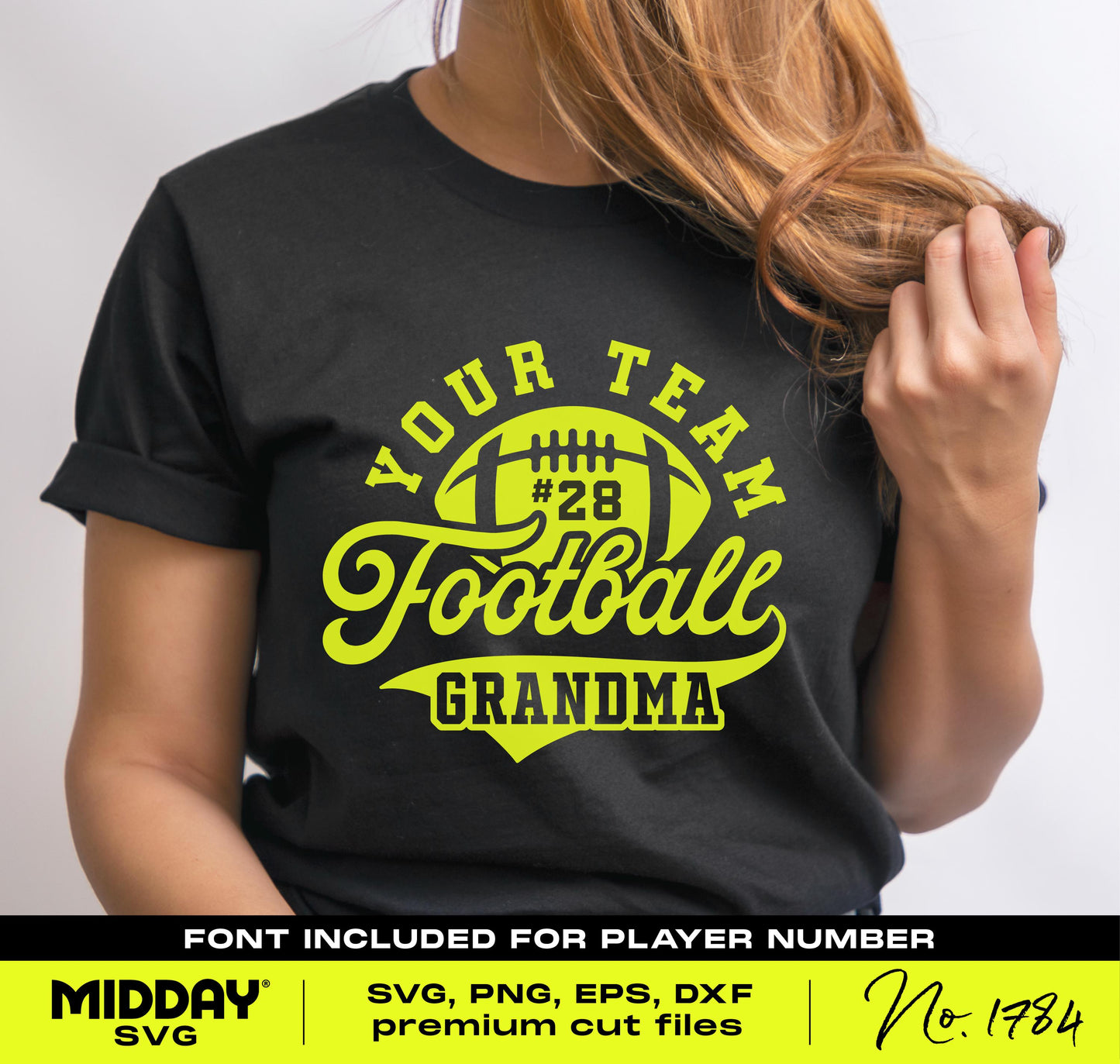 Woman wearing Football Grandma shirt with custom team name and player number, ideal for Cricut designs and sublimation projects.