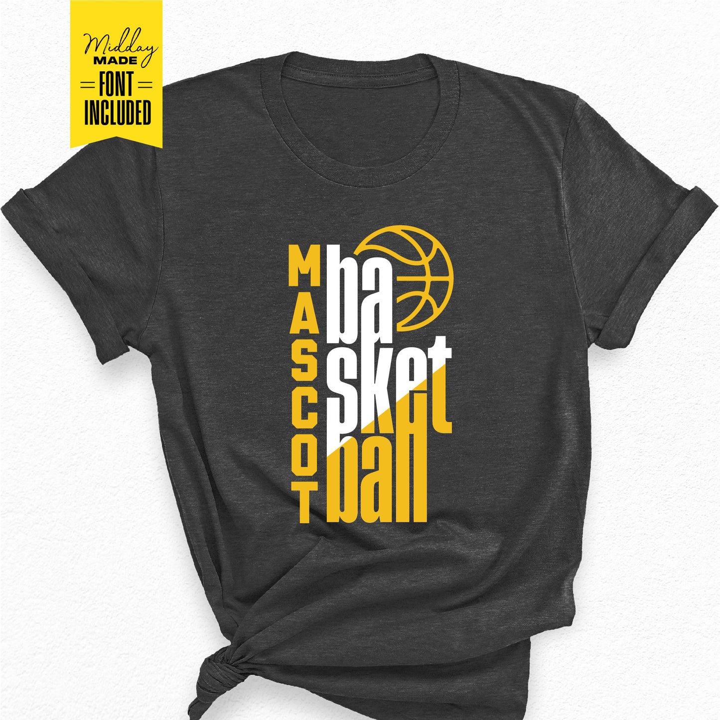 Customizable basketball team t-shirt design with text 'Mascot Basketball' in SVG, PNG, DXF, EPS for Cricut and Silhouette.