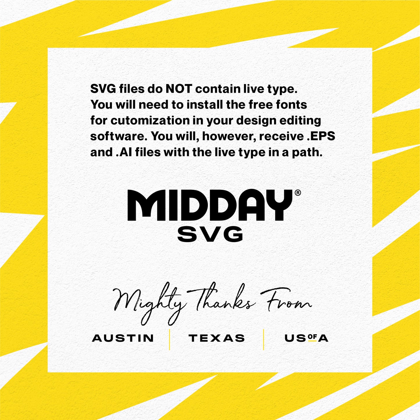 SVG file disclaimer by Midday SVG with text about font installation and file types, featuring a bold modern design in yellow and white.