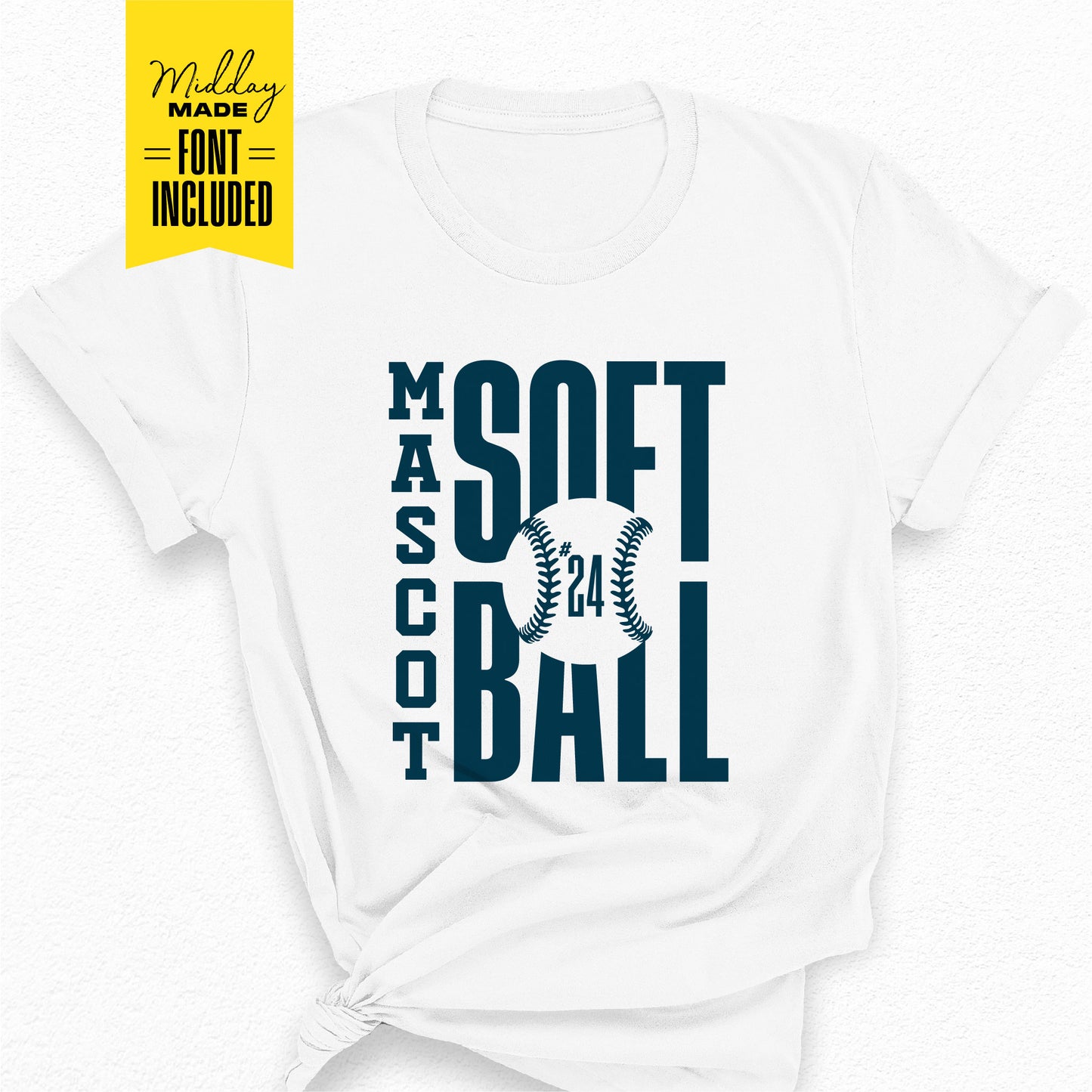 White t-shirt featuring a customizable softball team template design with vertical 'MASCOT' and 'SOFTBALL' text, and a baseball graphic.