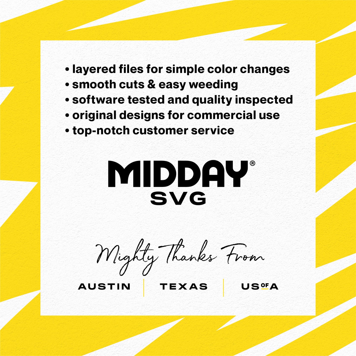 Promotional image for Midday SVG highlighting features like color change, easy weeding, quality tested, original designs, and customer service.