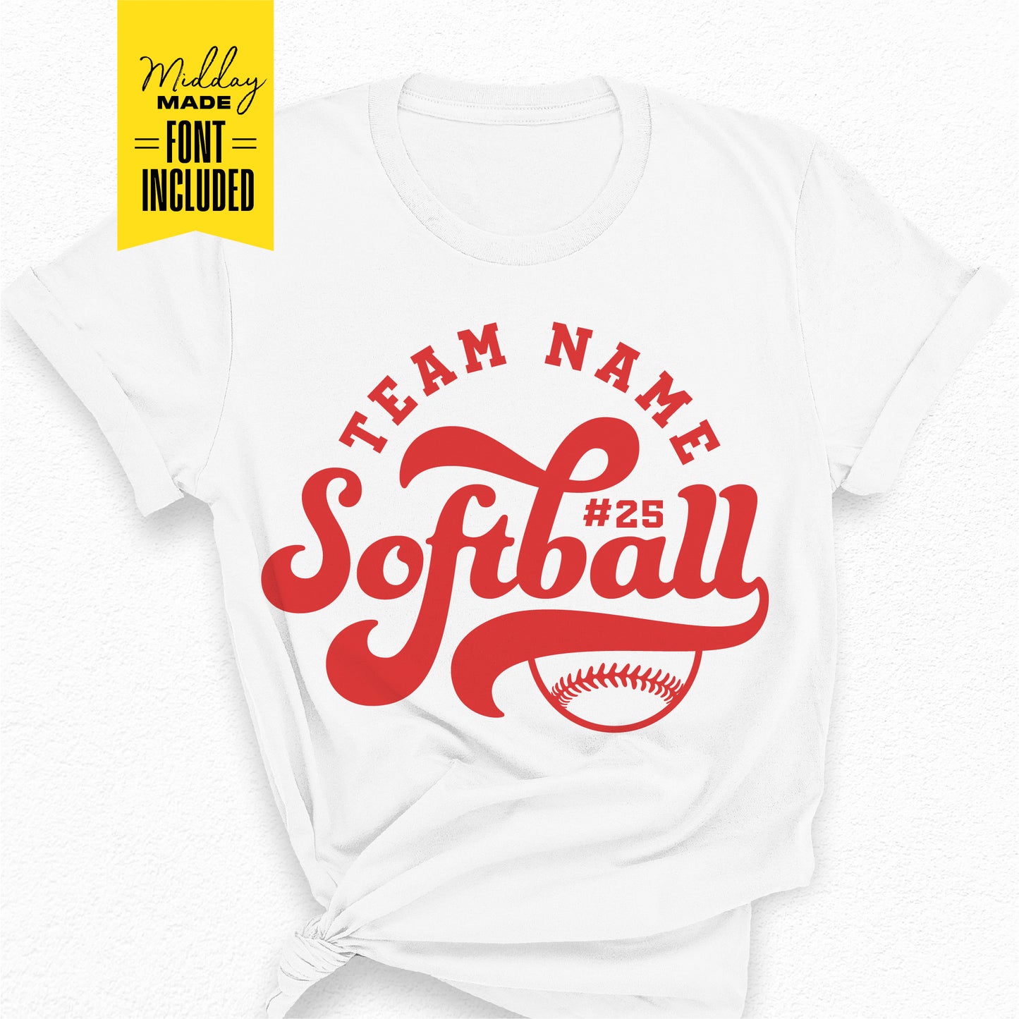 Retro softball team design on white t-shirt, includes customizable font for team name and number. Formats: SVG, PNG, DXF, EPS.