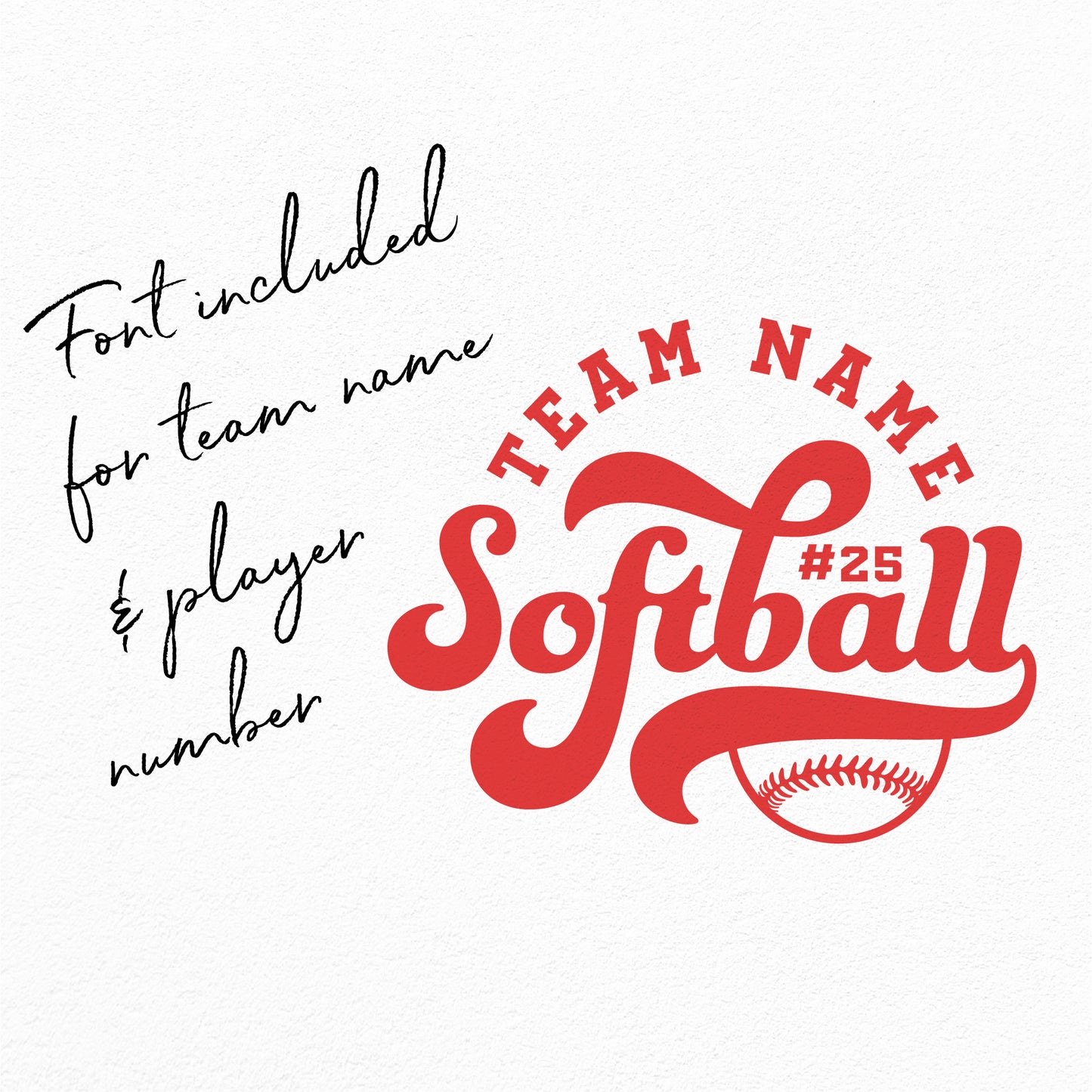 Retro softball team template with customizable text, featuring SVG, PNG, DXF, EPS formats and font for team name and player number.