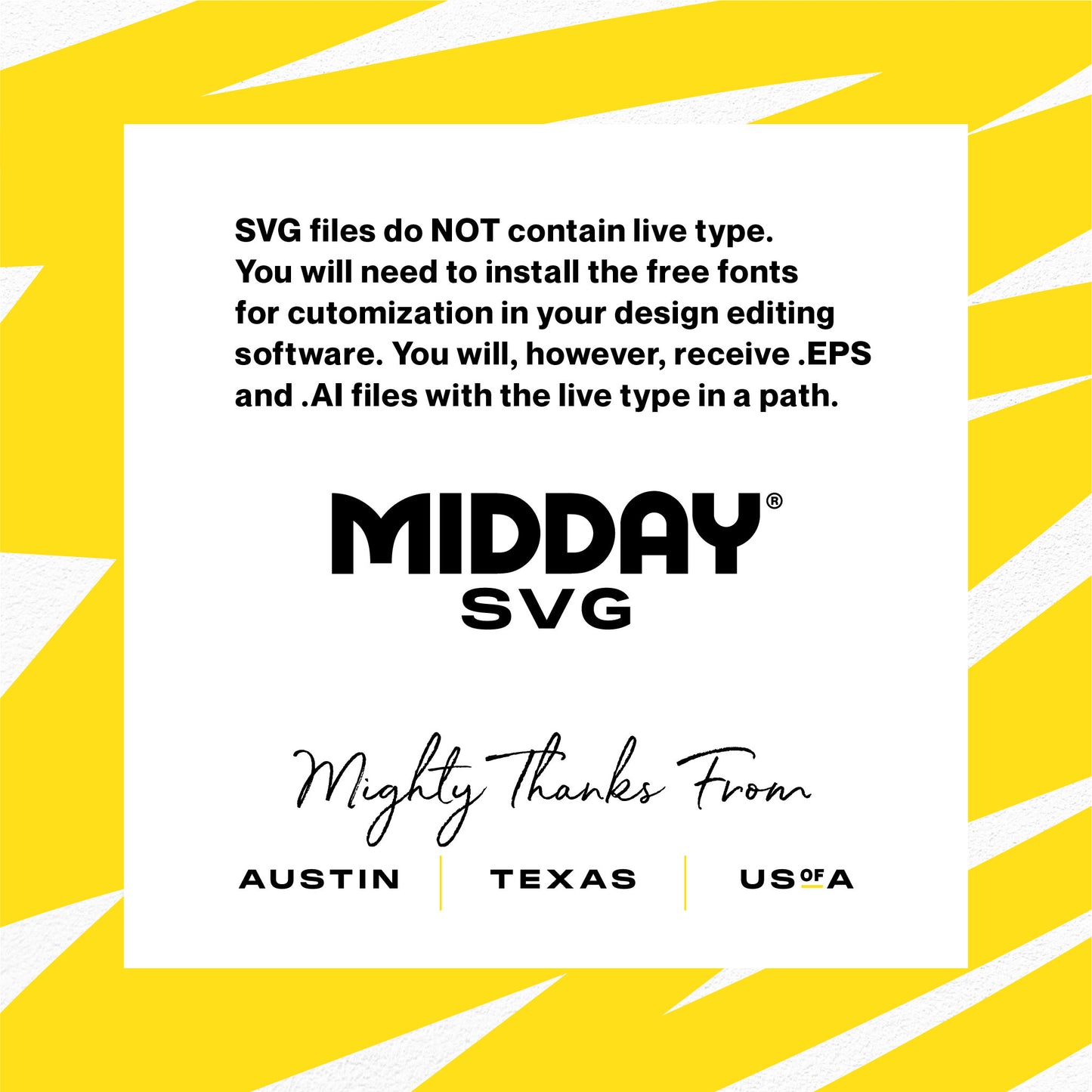 SVG file notice with text about font customization from Midday SVG, includes Austin, Texas, USA locations.