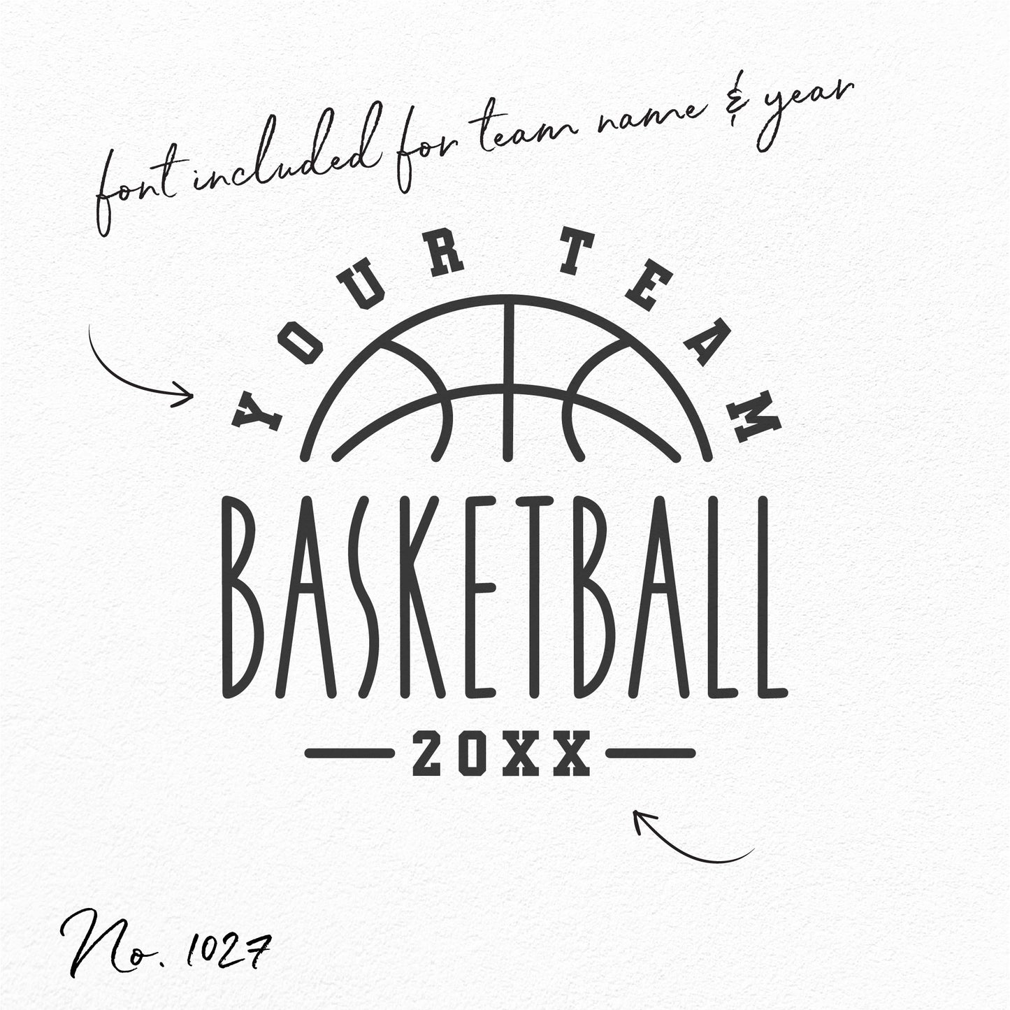 Basketball team shirt design template with customizable team name and year in SVG, PNG, DXF, EPS formats, No. 1027.