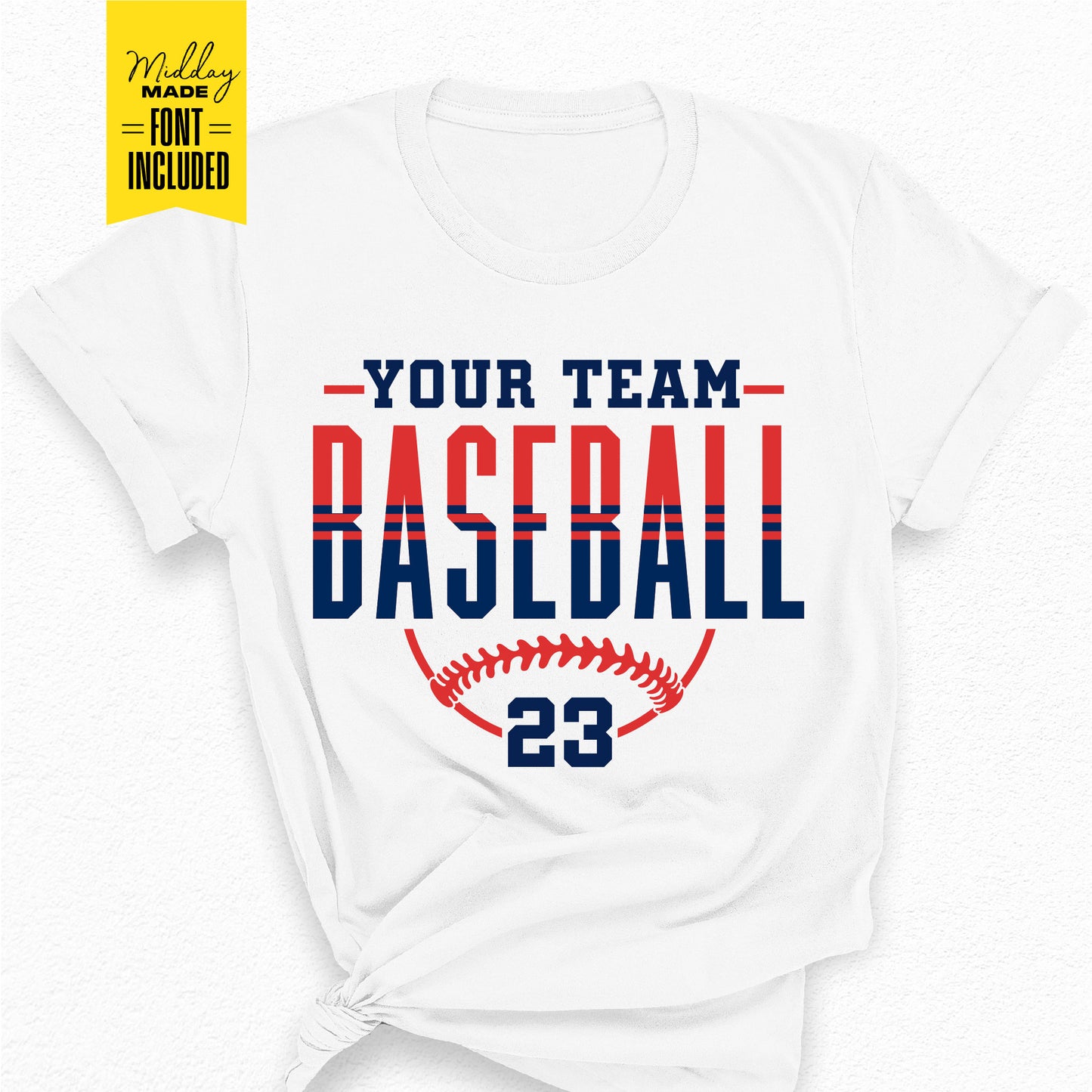 Stripped classic baseball team design on a white t-shirt, featuring customizable font for personalizing team name and number '23'. Font included.