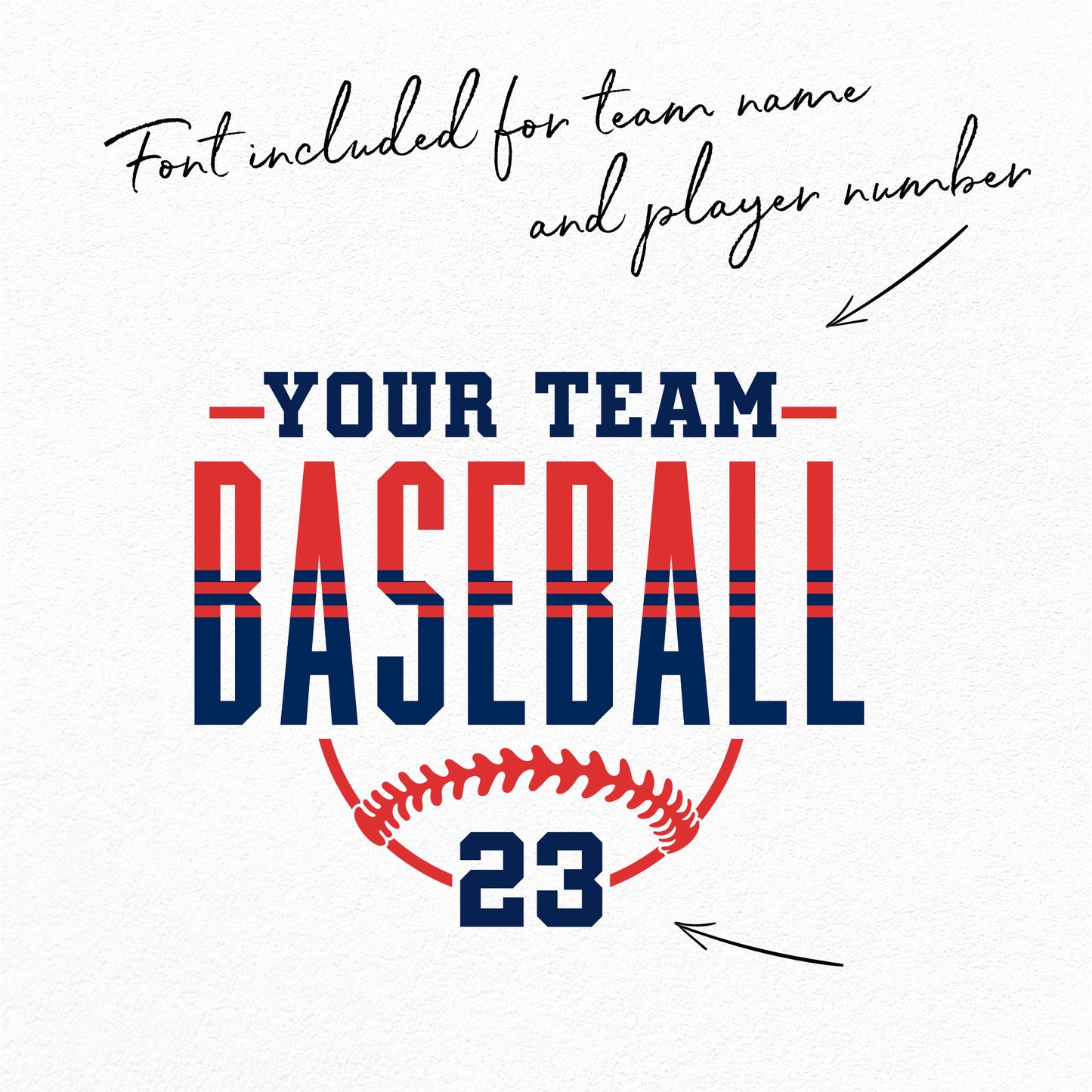 Stripped Classic Baseball SVG with customizable team name and player number design in red and blue for use with crafting software.
