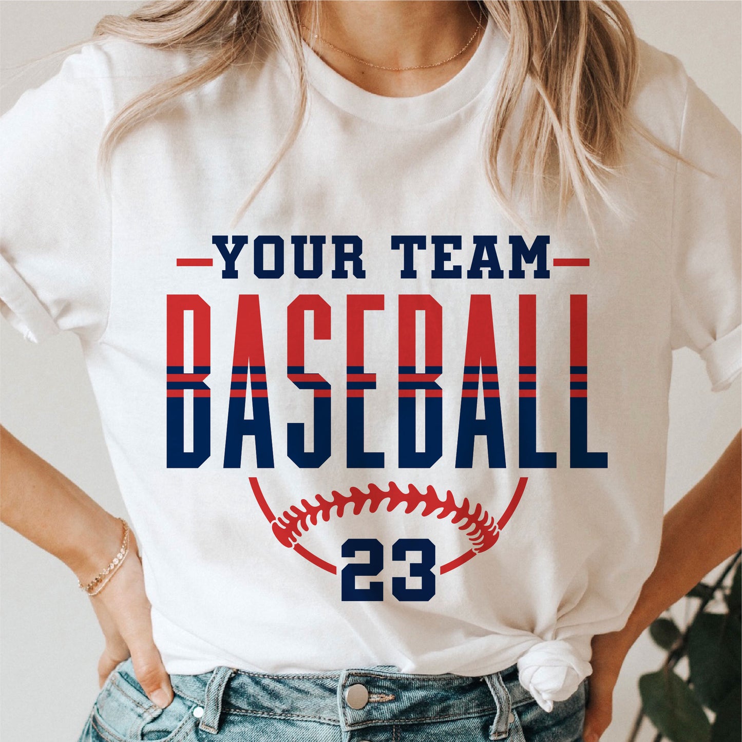 White t-shirt displaying customizable striped classic baseball team design with 'Your Team Baseball 23' text for Cricut and Silhouette.