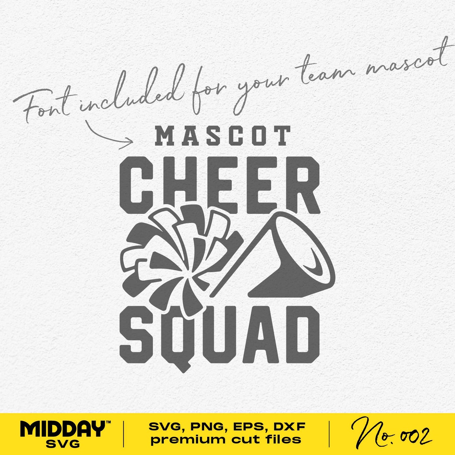 Personalized Cheer Squad Gear with megaphone and pom-pom design, SVG, PNG, EPS, and DXF formats, font included for team customization.