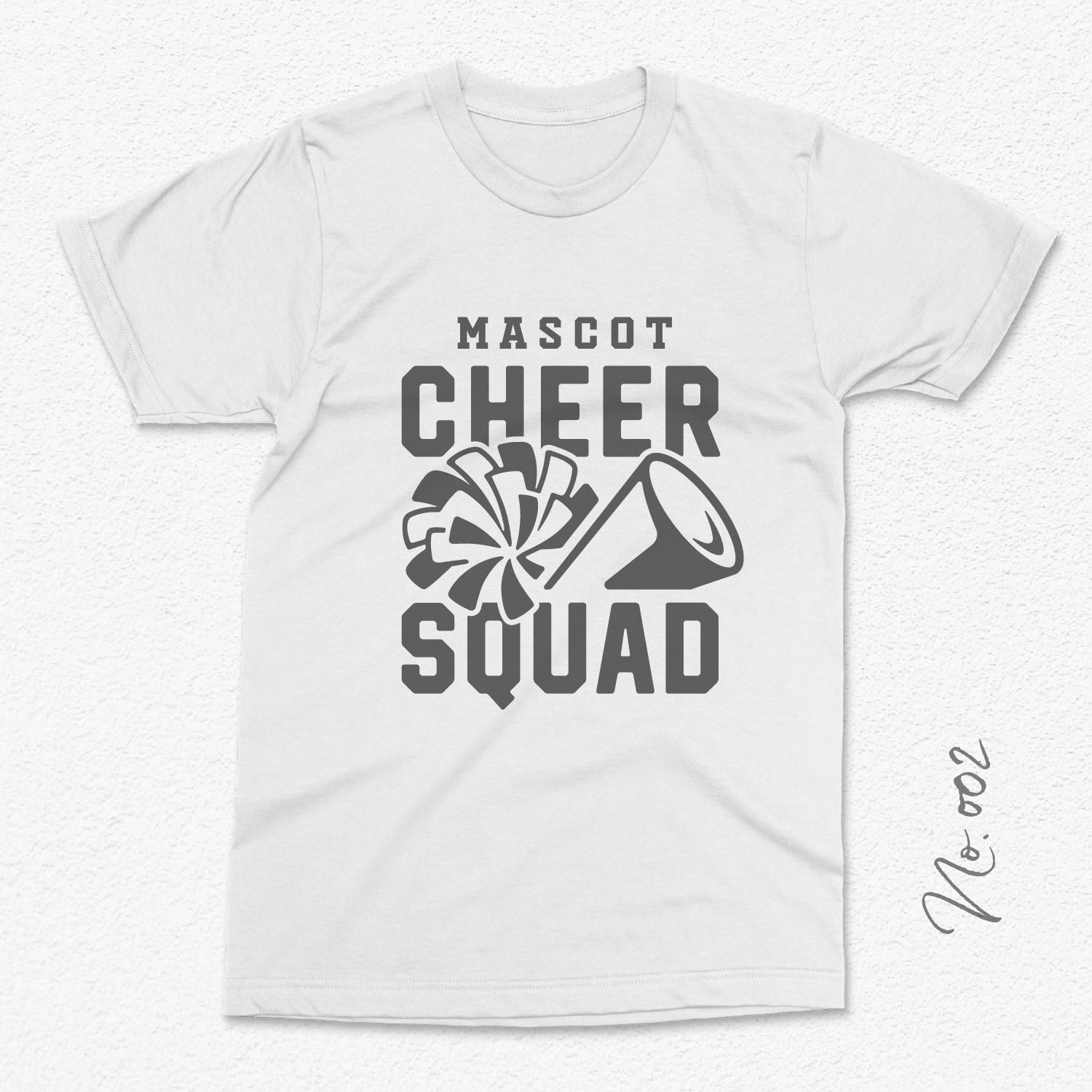 White t-shirt with "Mascot Cheer Squad" design featuring pom-pom and megaphone graphic.