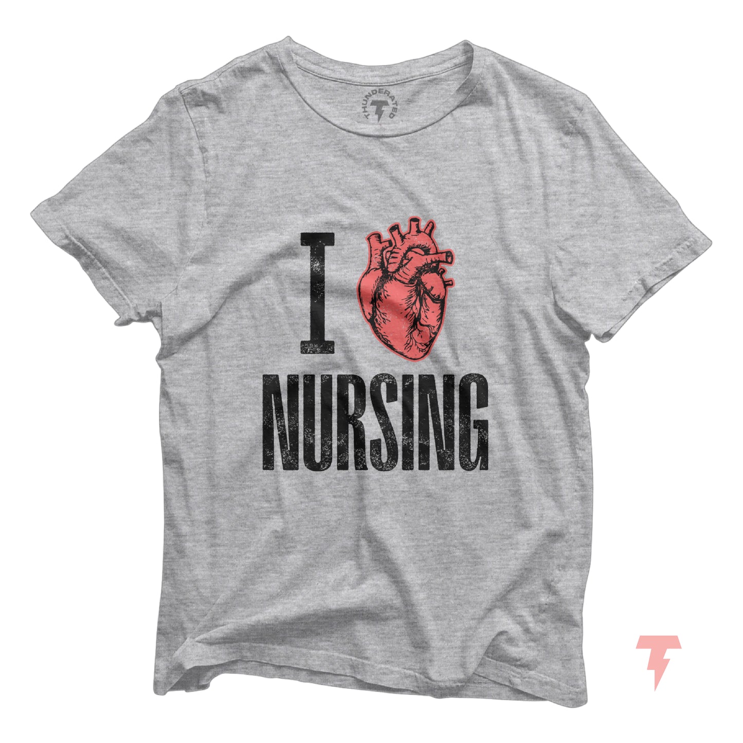 "I Love Heart Nursing" shirt featuring a red anatomical heart graphic on gray cotton t-shirt for nurses.