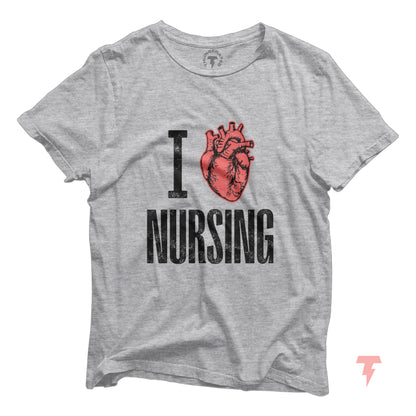 "I Love Heart Nursing" shirt featuring a red anatomical heart graphic on gray cotton t-shirt for nurses.