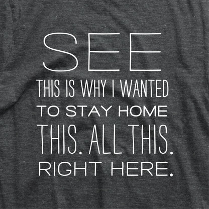 Funny t-shirt with "See This Is Why I Wanted To Stay Home This All This Right Here" text; unisex casual graphic tee for homebodies.