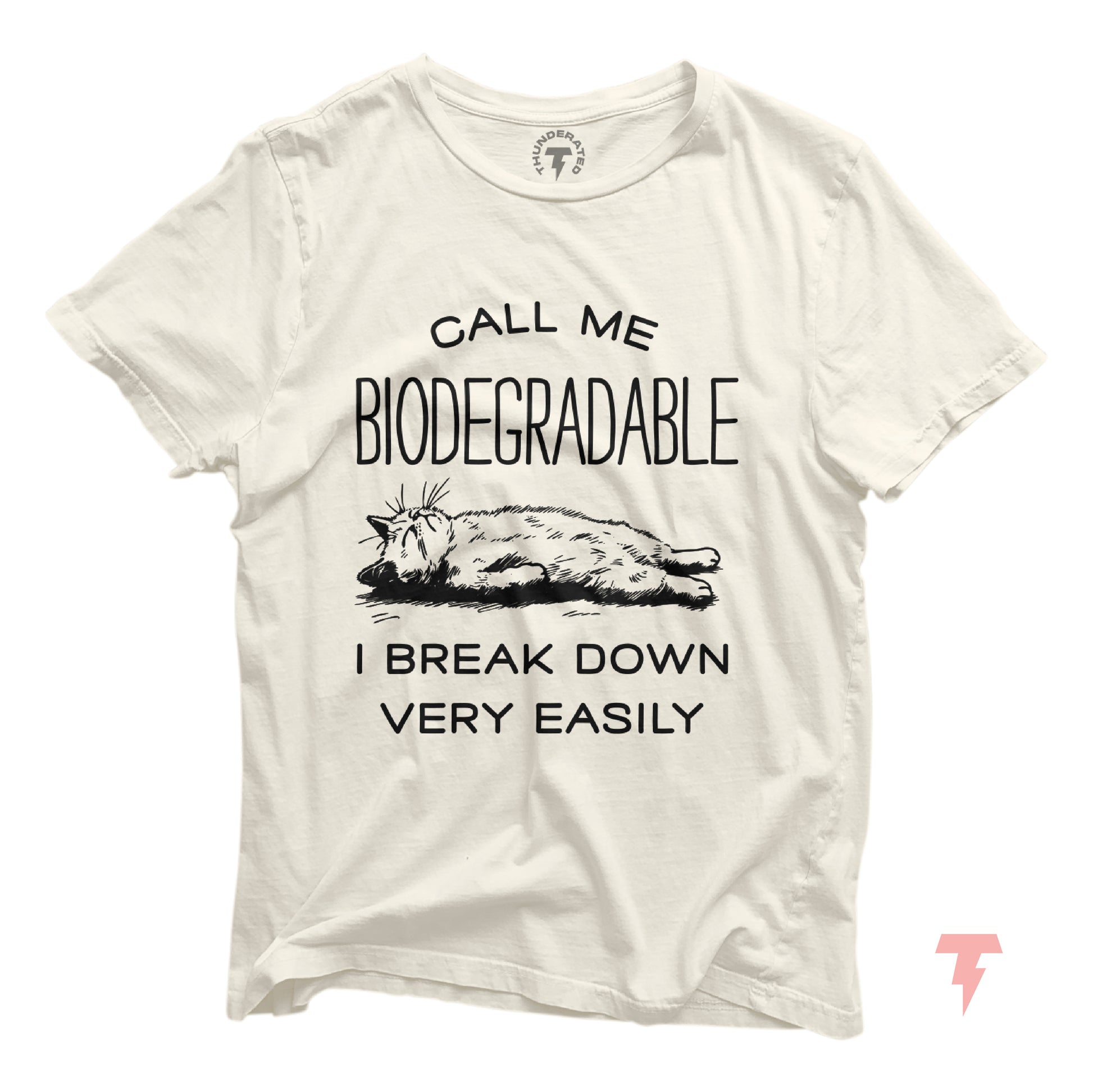 Funny cat shirt with 'Call Me Biodegradable' design, perfect for cat lovers and humor gifts, made from 100% breathable cotton.
