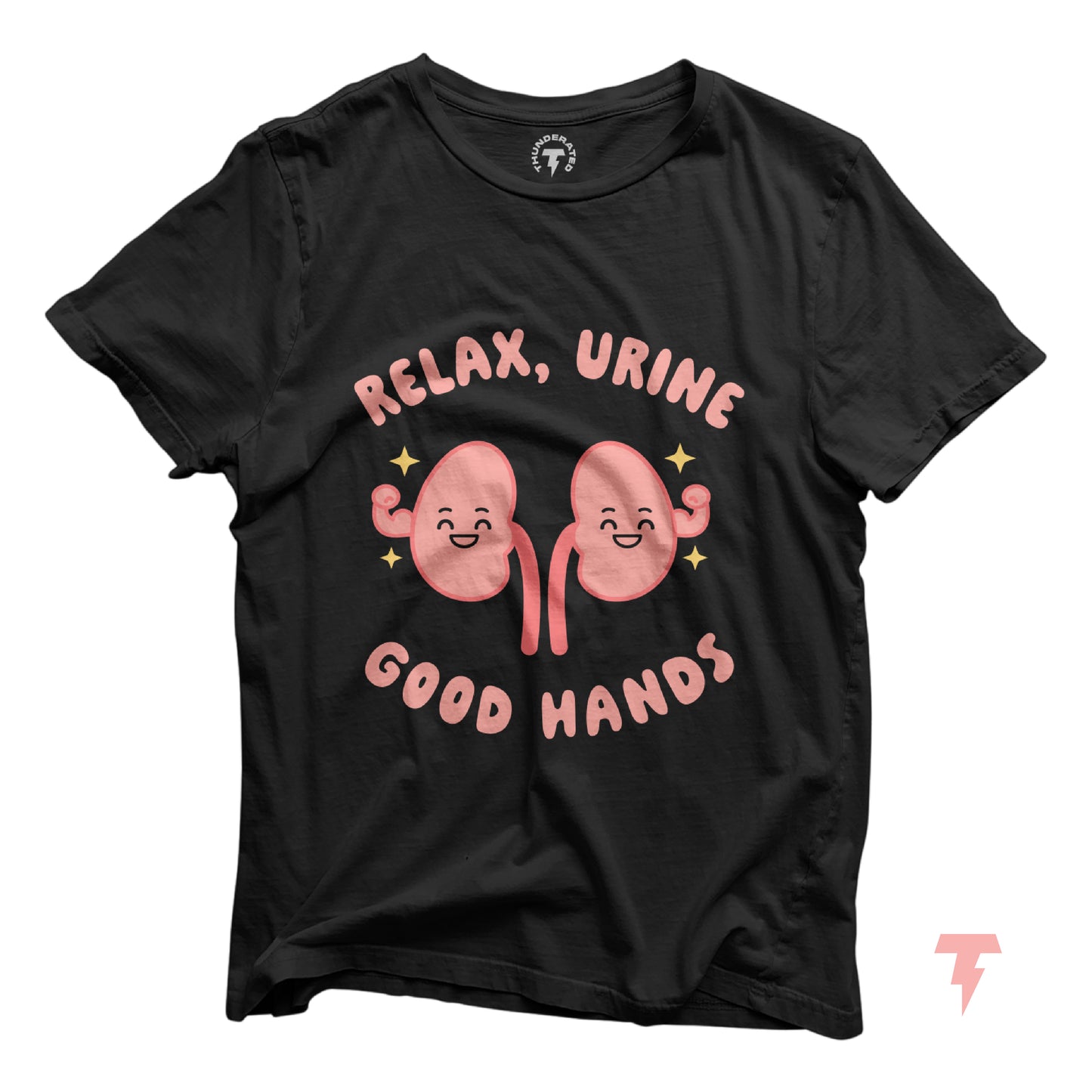 Dialysis nurse gift shirt with cute kidney design and 'Relax, Urine Good Hands' slogan, ideal for nephrology professionals.