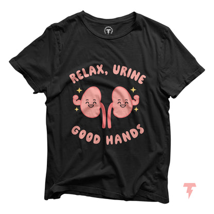 Dialysis nurse gift shirt with cute kidney design and 'Relax, Urine Good Hands' slogan, ideal for nephrology professionals.
