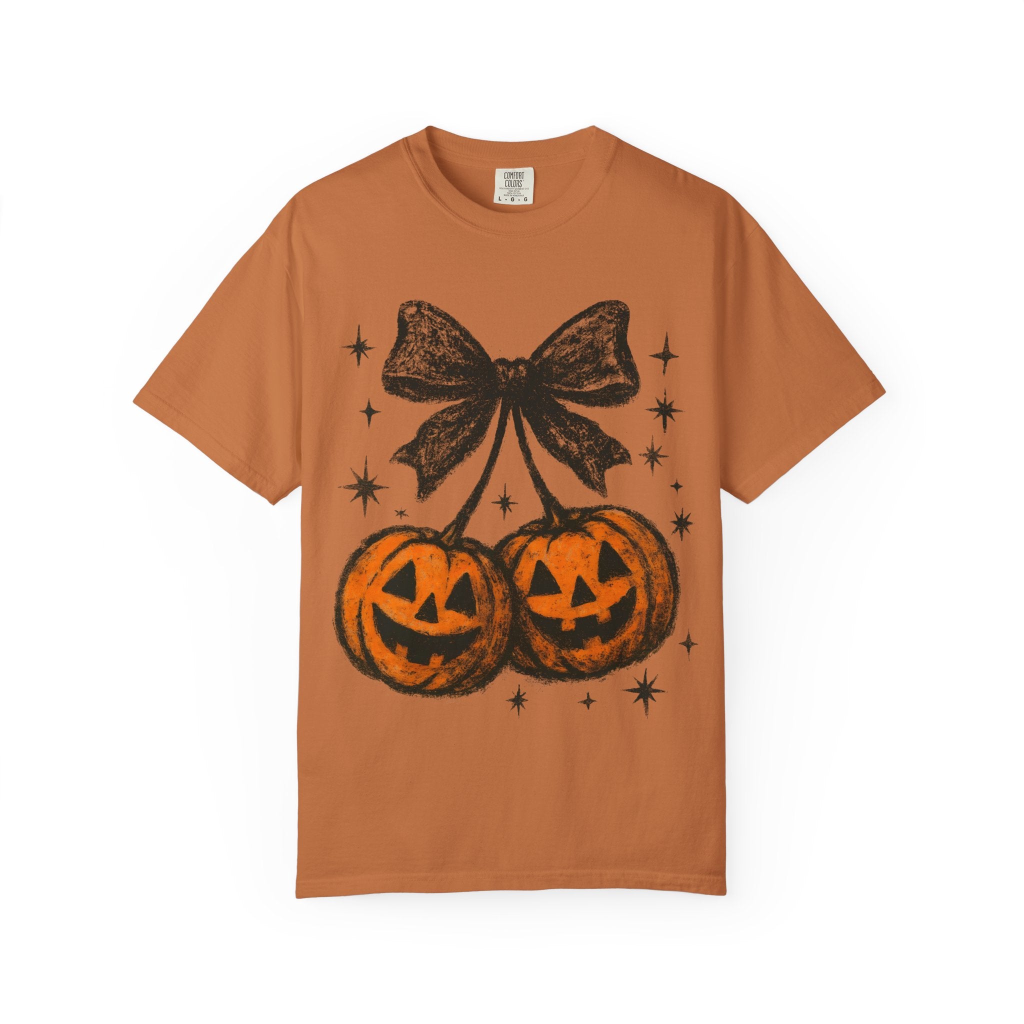 Cherries Pumpkin Comfort Colors® T-shirt, Halloween Jack O Lantern Gift, Fall Coquette Bow, Pumpkin Season Shirt, Cozy Autumn Tee