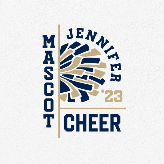 Customizable Mascot Cheer Template with mascot text and cheerleader pompoms in blue and gold.