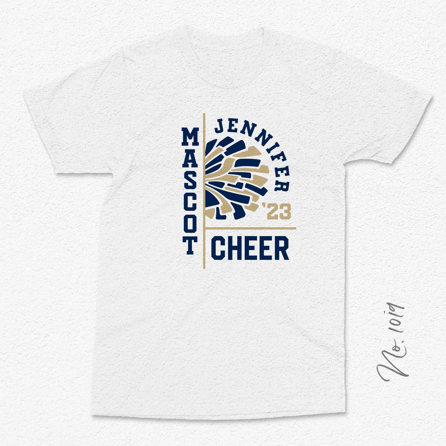 Customizable mascot cheer t-shirt featuring 'Mascot Jennifer Cheer '23' with pompom design in navy and gold.