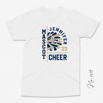 Customizable mascot cheer t-shirt featuring 'Mascot Jennifer Cheer '23' with pompom design in navy and gold.