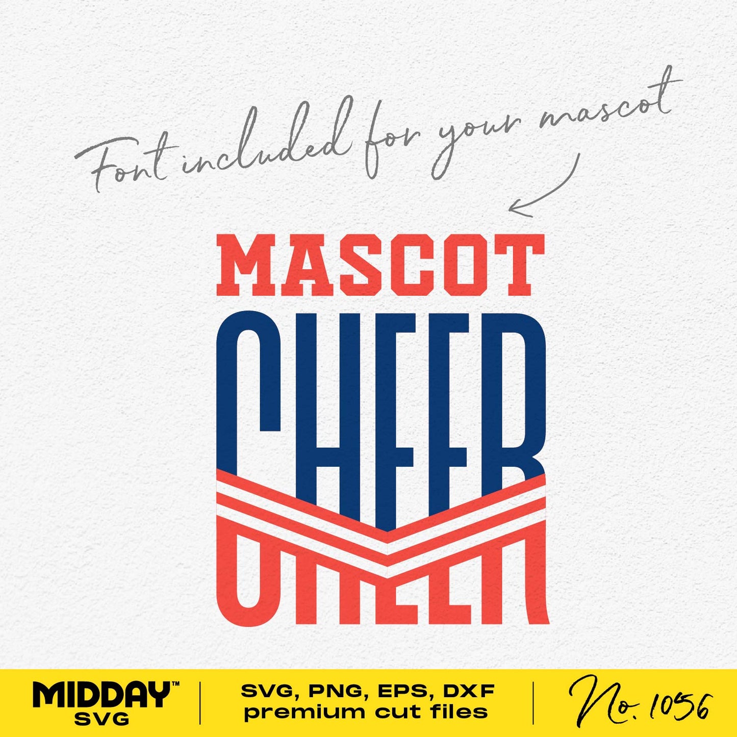 Cheerleader Mascot Template with bold font in red and blue, includes SVG, PNG, EPS, DXF formats for versatile design projects.