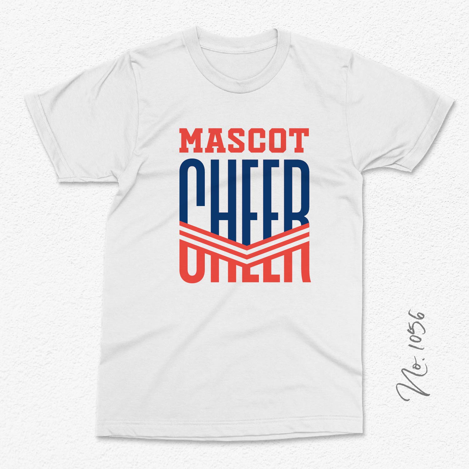 White t-shirt with red and blue 'Mascot Cheer' graphic design, perfect for sports events or cheerleading.