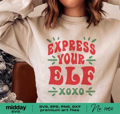 "Express Your Elf" sweatshirt with Christmas design from SVG bundle, perfect for Cricut and Silhouette projects.
