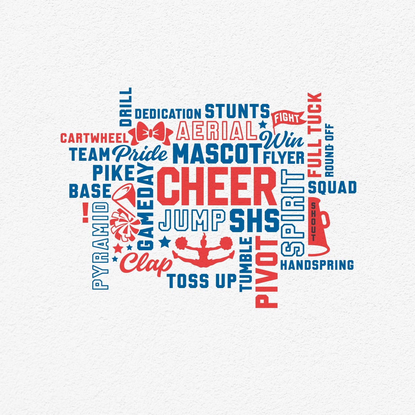 Cheer spirit design word collage in red and blue featuring cheerleading terms like aerial, pyramid, mascot. Available as SVG, EPS, PNG files.