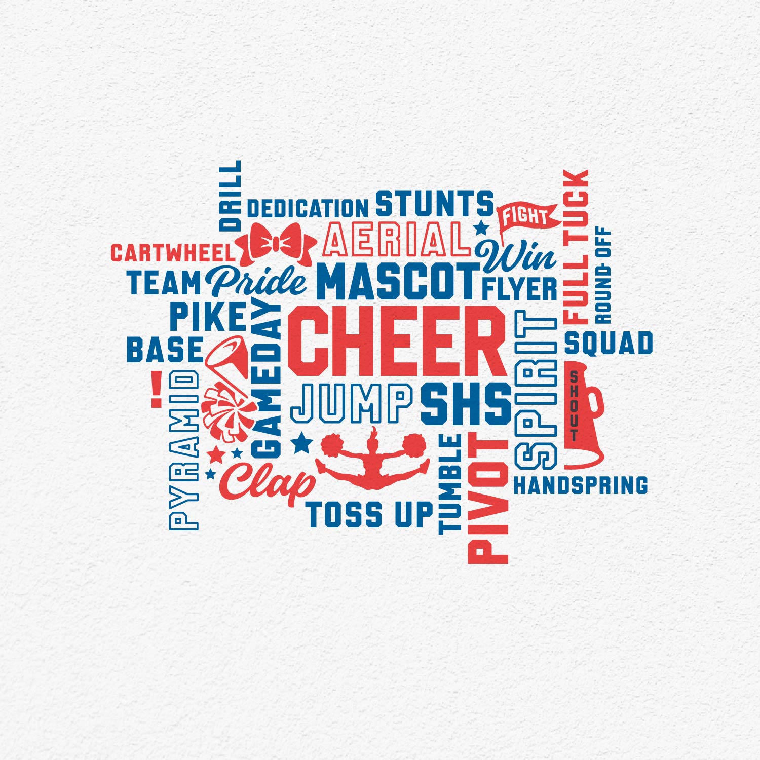 Cheer spirit design word collage in red and blue featuring cheerleading terms like aerial, pyramid, mascot. Available as SVG, EPS, PNG files.