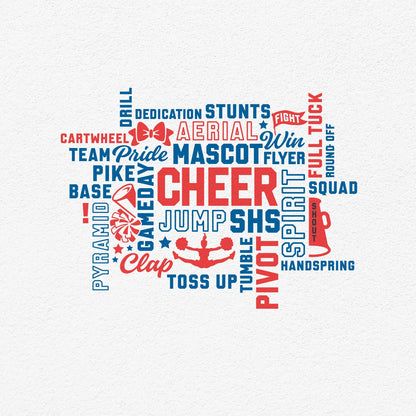 Cheer spirit design word collage in red and blue featuring cheerleading terms like aerial, pyramid, mascot. Available as SVG, EPS, PNG files.
