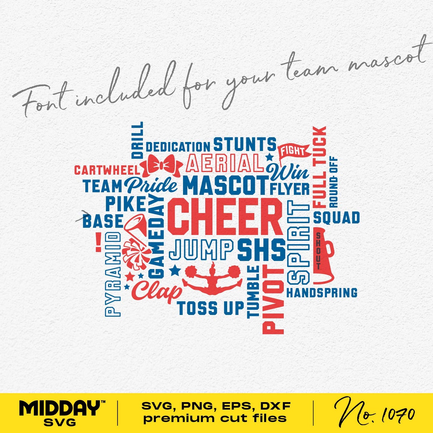 Cheer Spirit Design Word Collage in SVG, PNG, EPS, DXS formats with team mascot font included.
