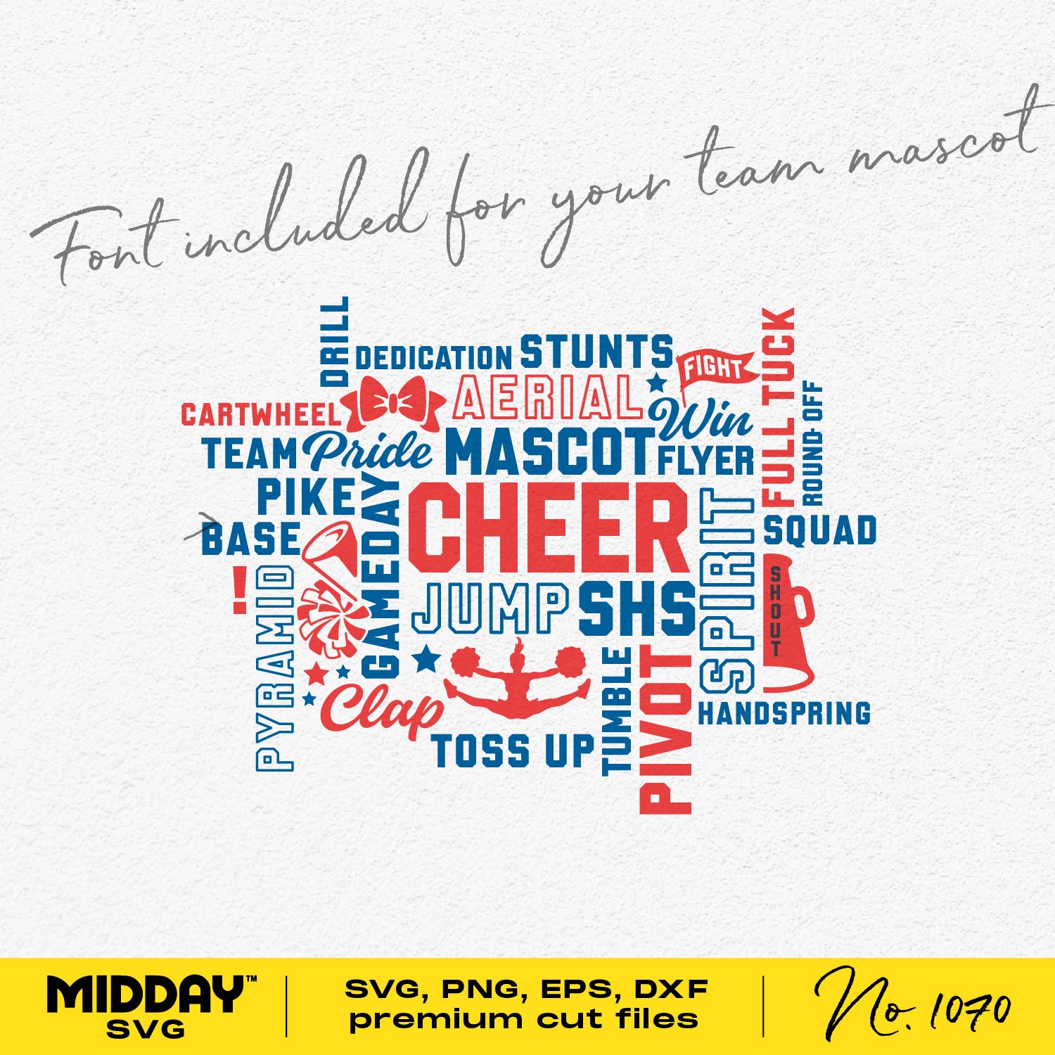 Cheer Spirit Design Word Collage in SVG, PNG, EPS, DXS formats with team mascot font included.