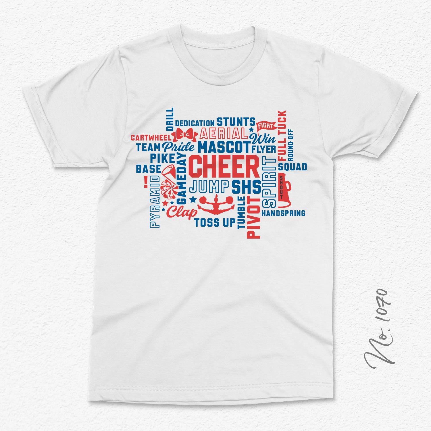 White t-shirt with vibrant cheer word collage design in red and blue, showcasing cheer-related phrases and graphics.