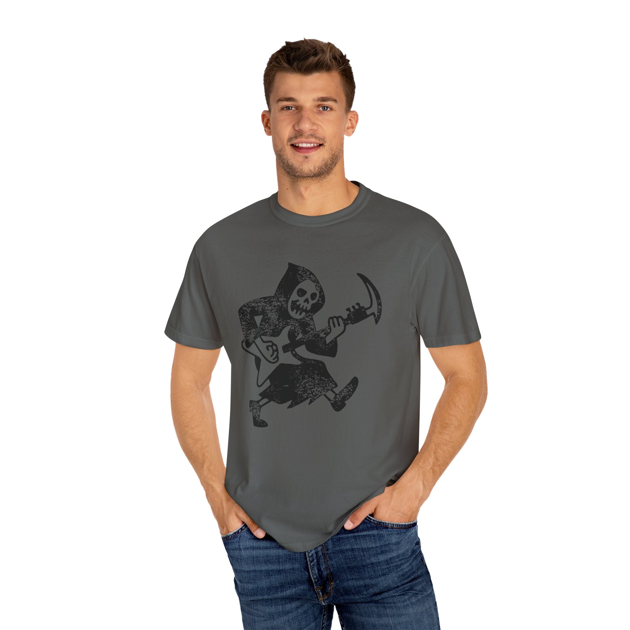 Grim Reaper Guitar Tee, Funny Halloween Unisex Shirt, Rocker T-shirt, Halloween Graphic Tee, Music Lover Gift, Halloween Costume Shirt