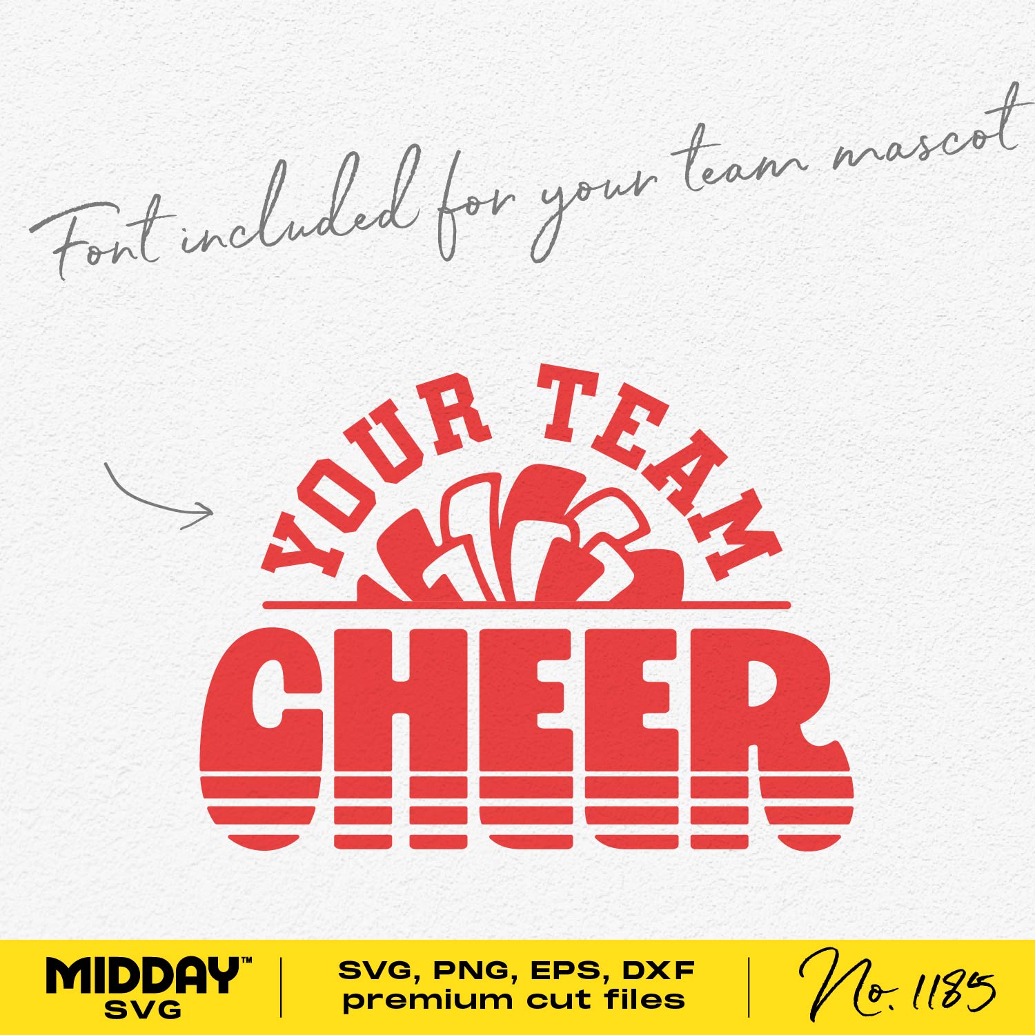 Customizable cheer team shirt design template with mascot font in SVG, PNG, EPS, and DXF formats, ideal for Cricut and Silhouette.