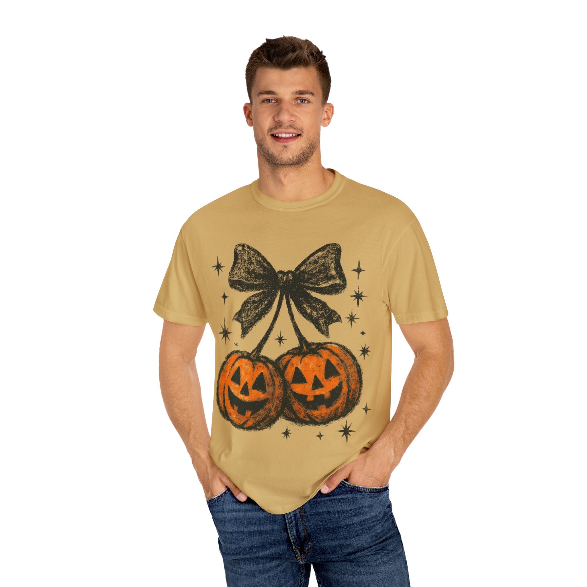 Cherries Pumpkin Comfort Colors® T-shirt, Halloween Jack O Lantern Gift, Fall Coquette Bow, Pumpkin Season Shirt, Cozy Autumn Tee