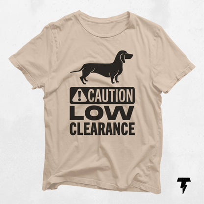 Low clearance dachshund shirt, cute doxie gift for dog moms, unisex jersey tee with caution sign.