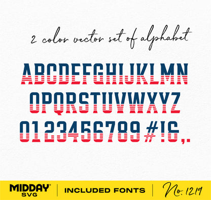 Two-color vector alphabet set with uppercase letters, numbers, and symbols in red and blue. Included fonts by Midday SVG, No. 1219.