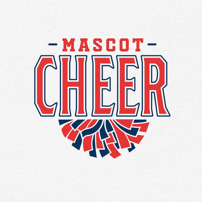 Bold mascot cheer design with red and blue text, perfect for custom cheerleading team spirit projects with SVG, PNG, and EPS formats.