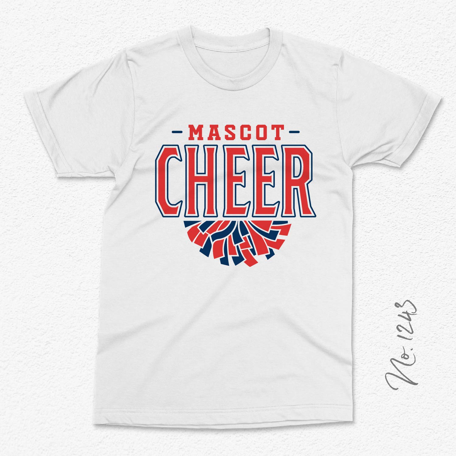 White t-shirt with customizable cheer design featuring 'Mascot Cheer' in red and blue bold lettering, perfect for team spirit.
