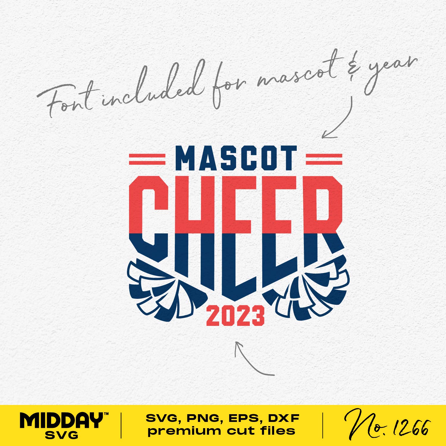 Premium Cheerleading Pom Pom SVG design with customizable mascot, team name, and year, ideal for DIY cheer crafts and shirts.