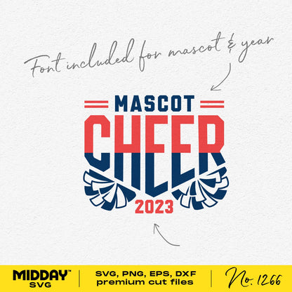Premium Cheerleading Pom Pom SVG design with customizable mascot, team name, and year, ideal for DIY cheer crafts and shirts.