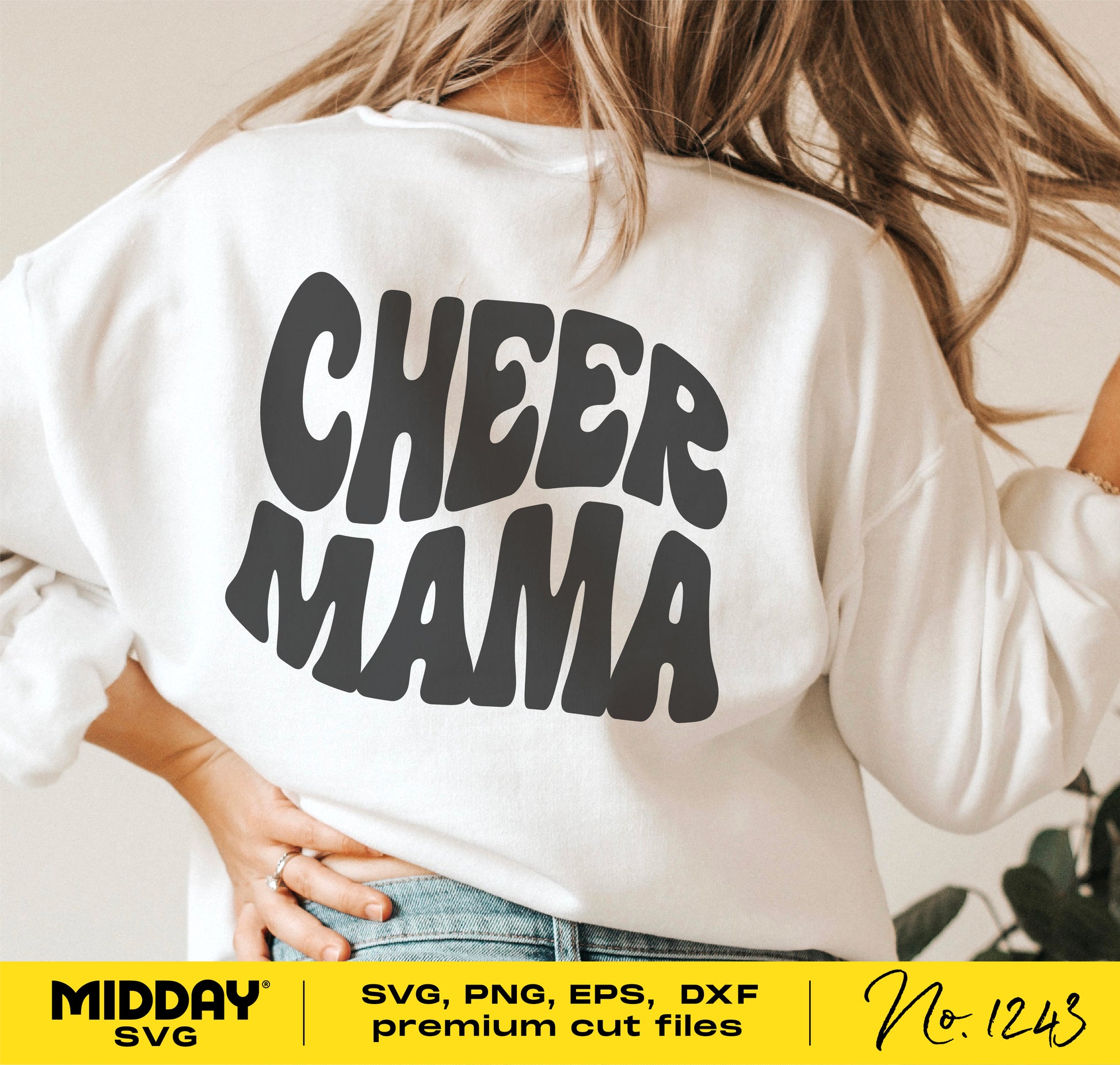 Woman wearing shirt with 'Cheer Mama' text, showcasing digital SVG file for Cricut and sublimation projects, suitable for cheer moms.