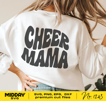 Woman wearing shirt with 'Cheer Mama' text, showcasing digital SVG file for Cricut and sublimation projects, suitable for cheer moms.