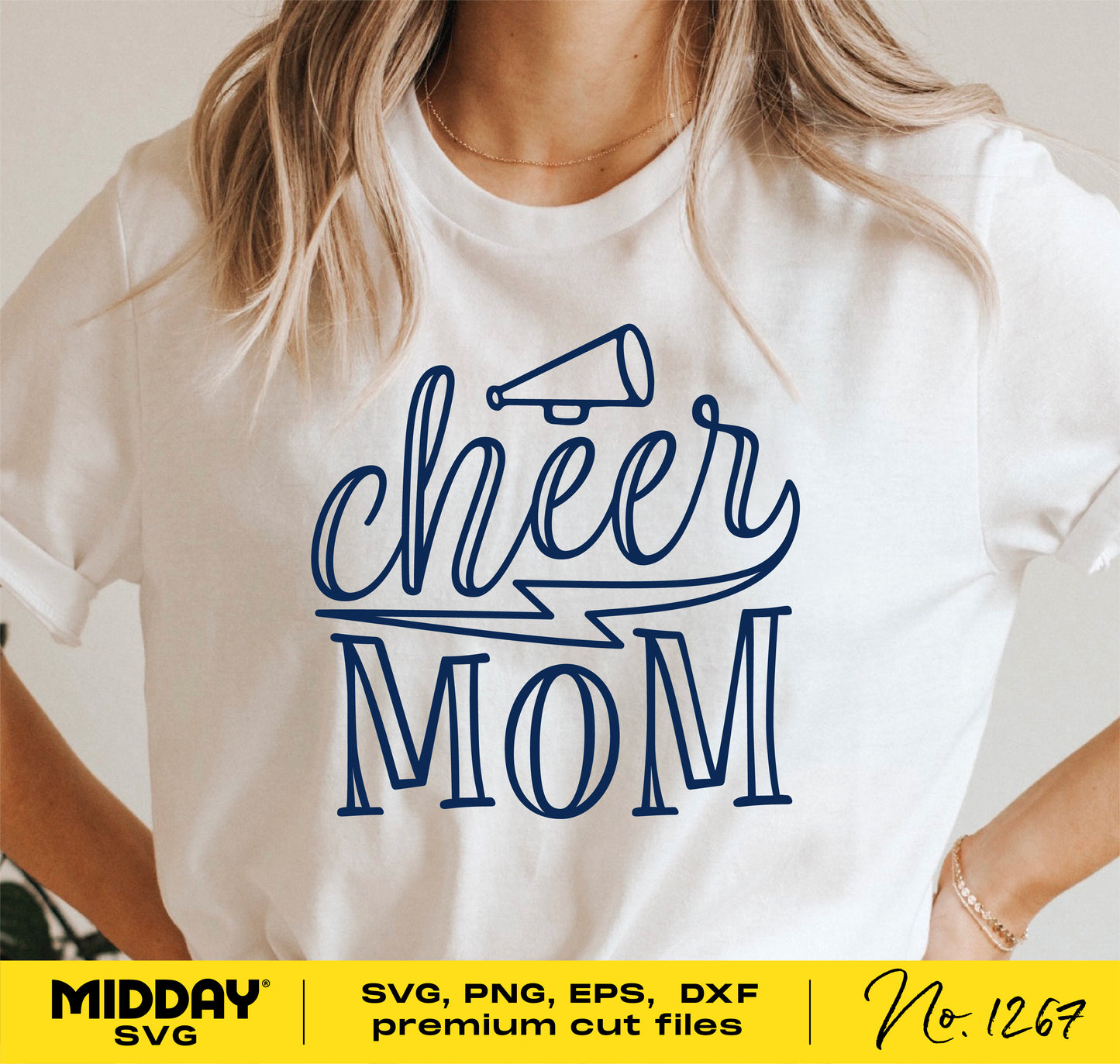 White t-shirt with blue 'Cheer Mom' design featuring a megaphone, part of Cheer Mama Bundle digital downloads for Cricut and sublimation.