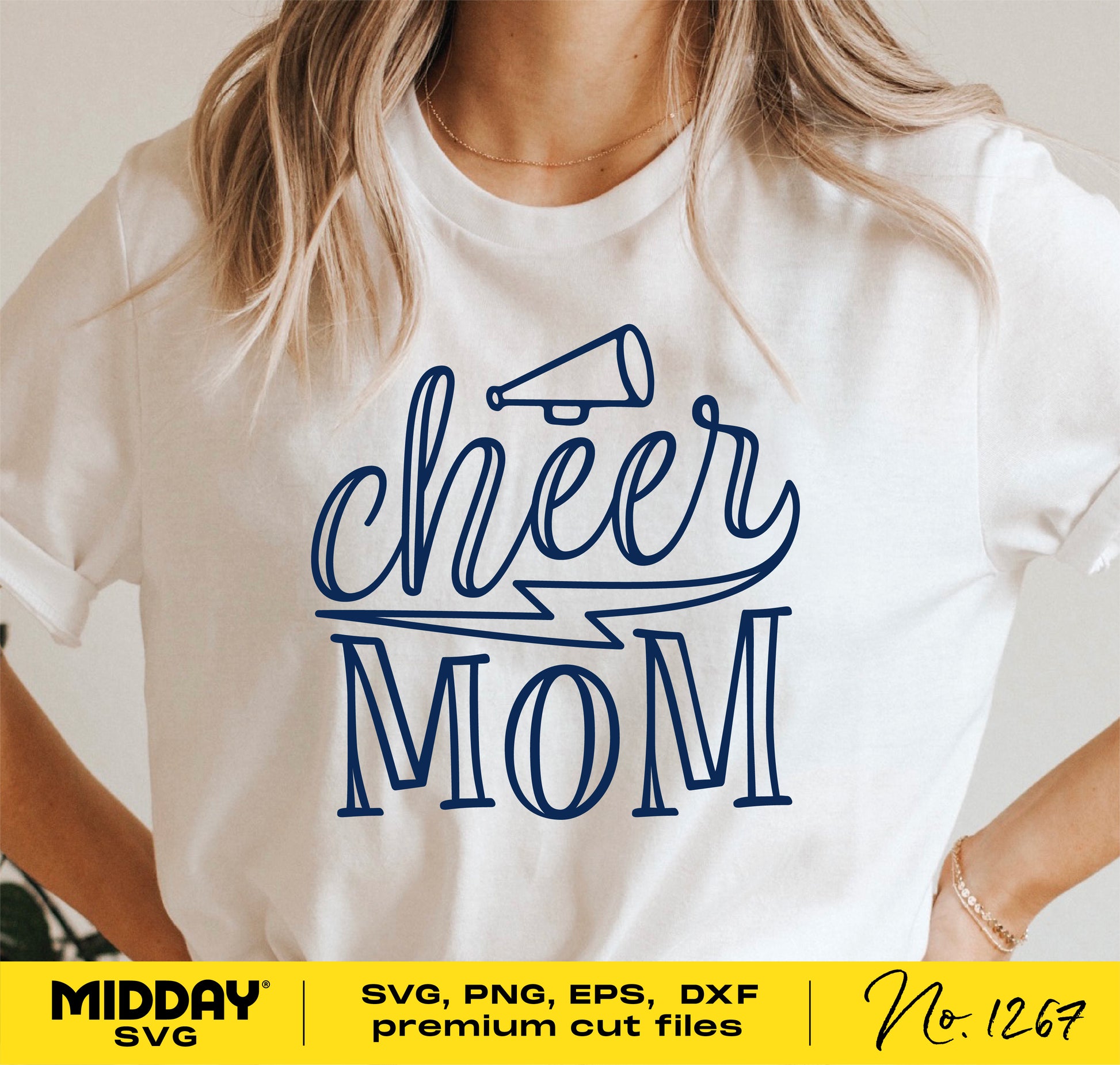 White t-shirt with blue 'Cheer Mom' design featuring a megaphone, part of Cheer Mama Bundle digital downloads for Cricut and sublimation.