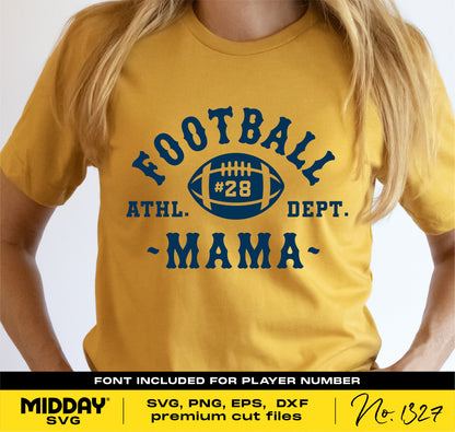 Yellow Football Mom shirt with blue text reading 'Football Mama' and football graphic, perfect for DIY Cricut and Silhouette projects.