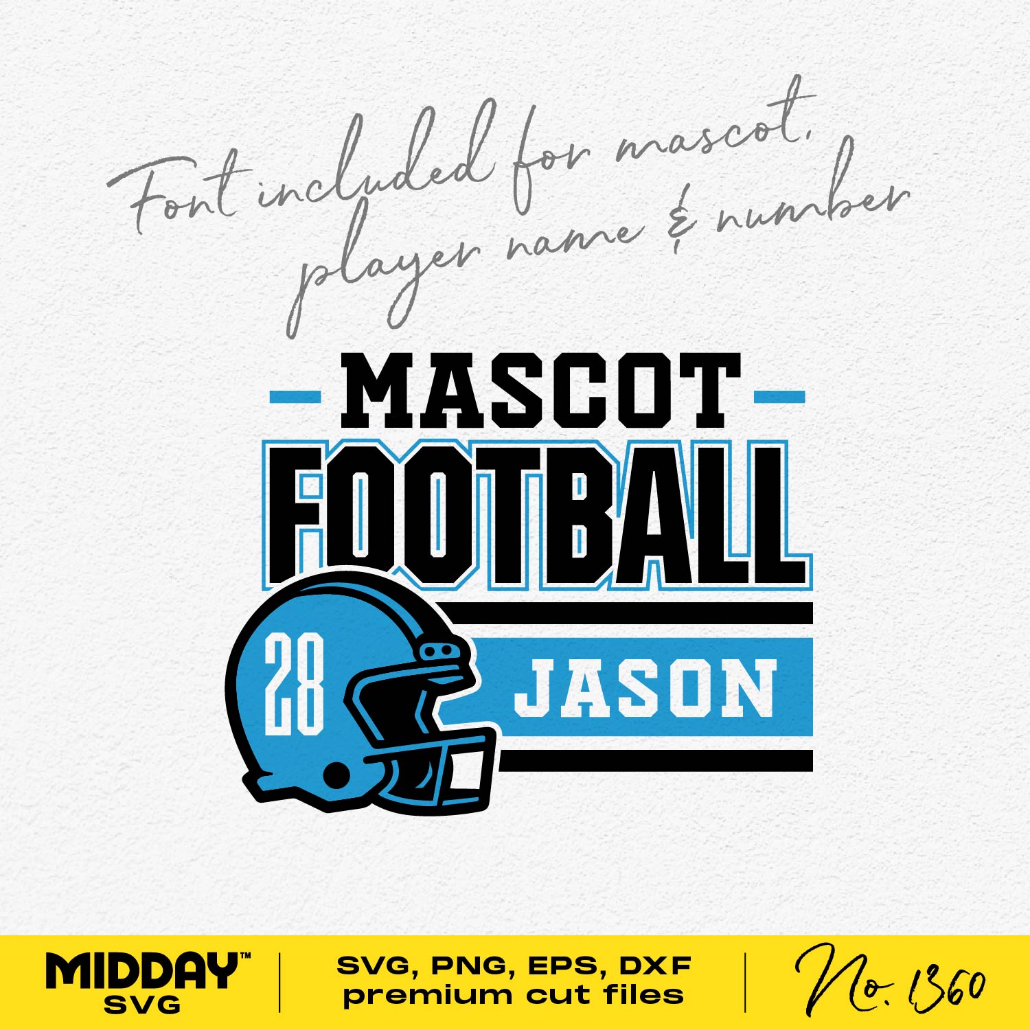 Football team template SVG with customizable mascot, player name, and number in blue and black, featuring included font options.